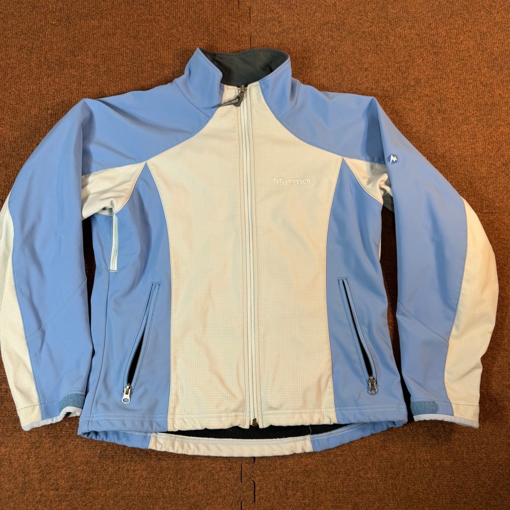 Marmot Softshell Jacket Womens Medium Blue White Full Zip Outdoor Hiking A+